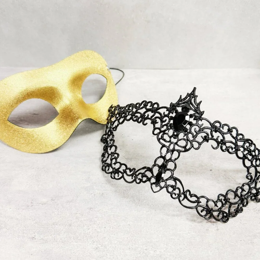 Mens masquerade mask, Black gold mask, Venetian mask, Prom mask, 2 in 1 mask